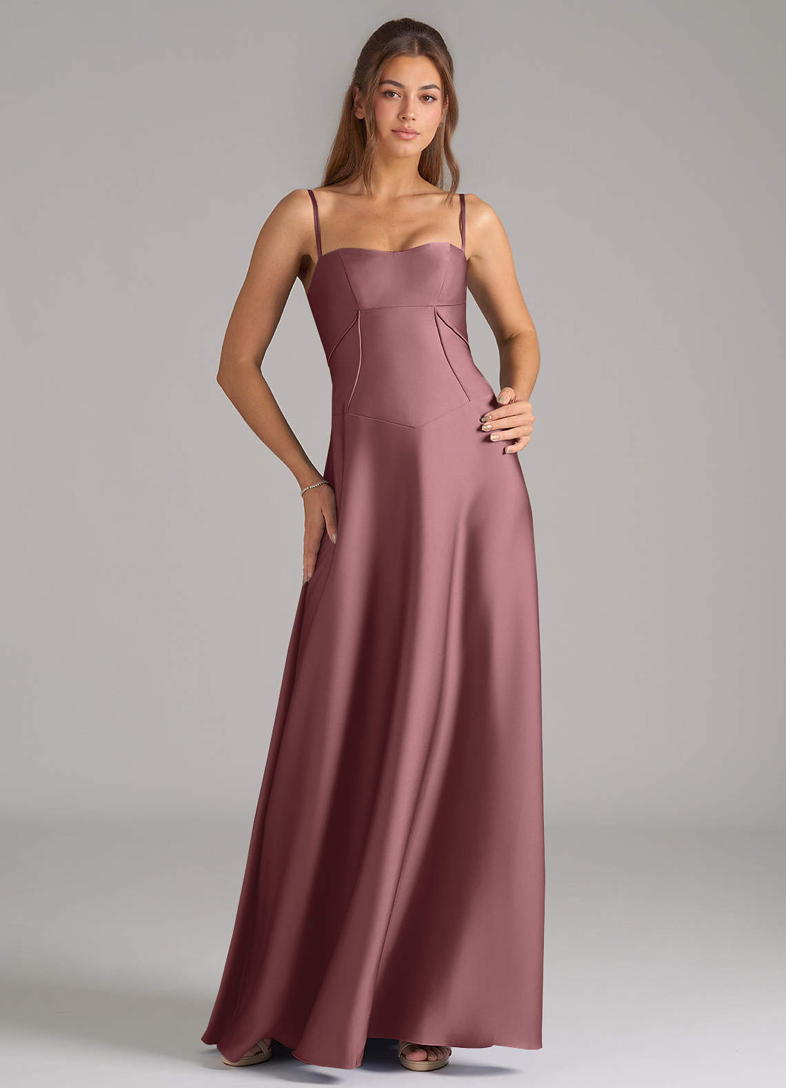 Azazie Valentine Bridesmaid Dresses Vintage Mauve A-Line Corset Stretch Satin Dress image1