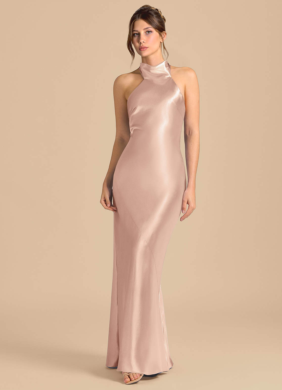 Azazie Velli Robes de demoiselle d'honneur Robe Fourreau en Satiné métallisé Col Haut Rose Perle image3