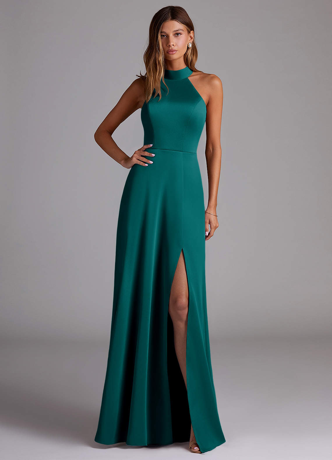 Azazie Myra Bridesmaid Dresses Peacock A-Line Side Slit Stretch Satin Dress image1
