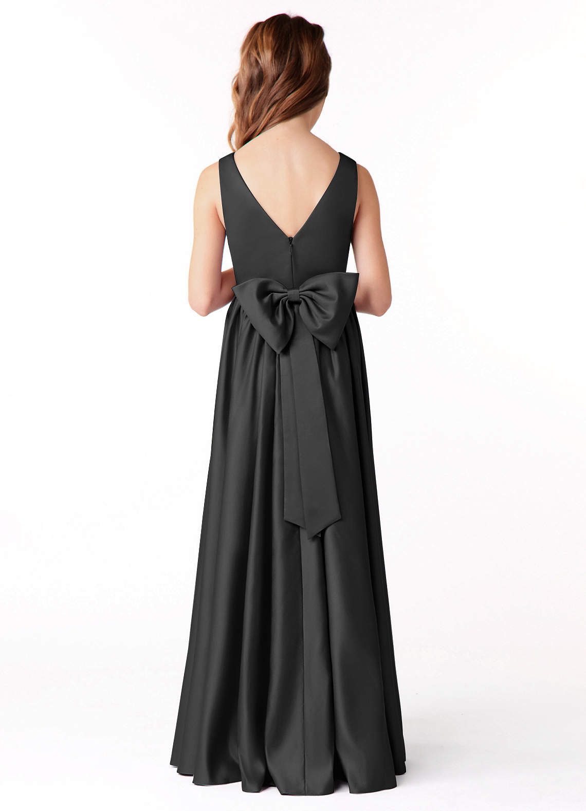 Azazie Hathaway Junior Black A-Line Bow Stretch Satin Dress image1