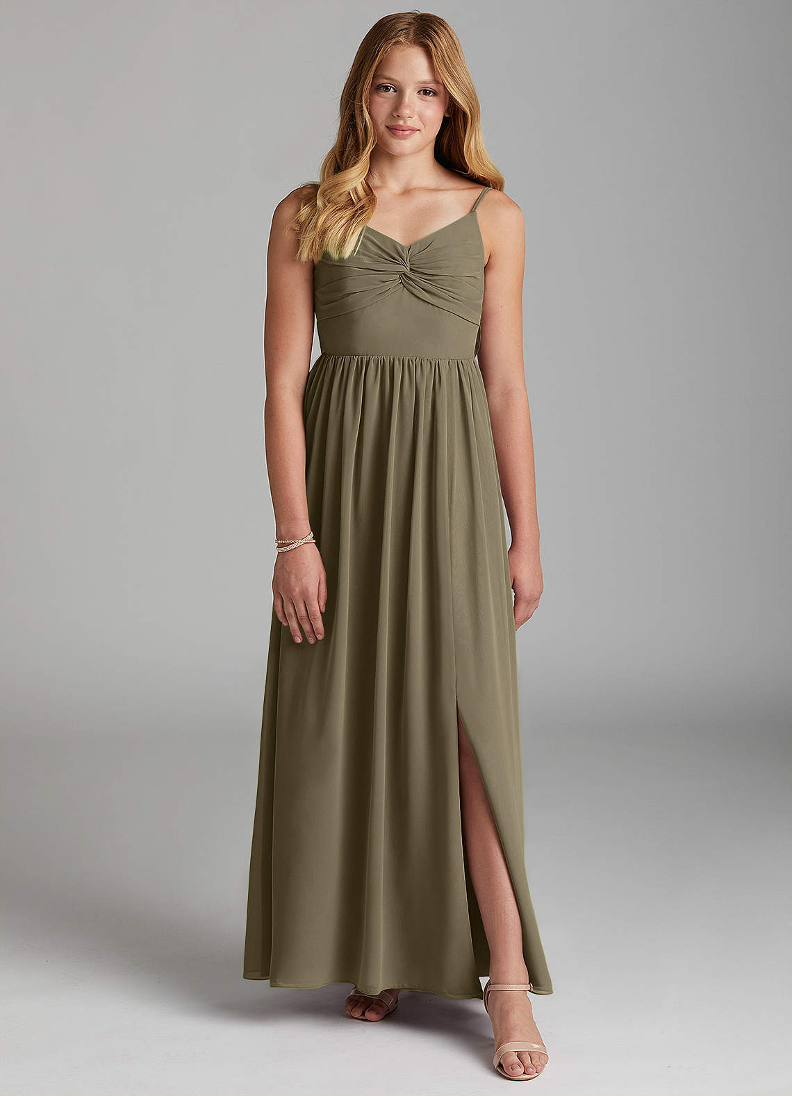 Azazie A-Line/Princess V-Neck Floor-Length Chiffon Junior Bridesmaid Dresses - willow green