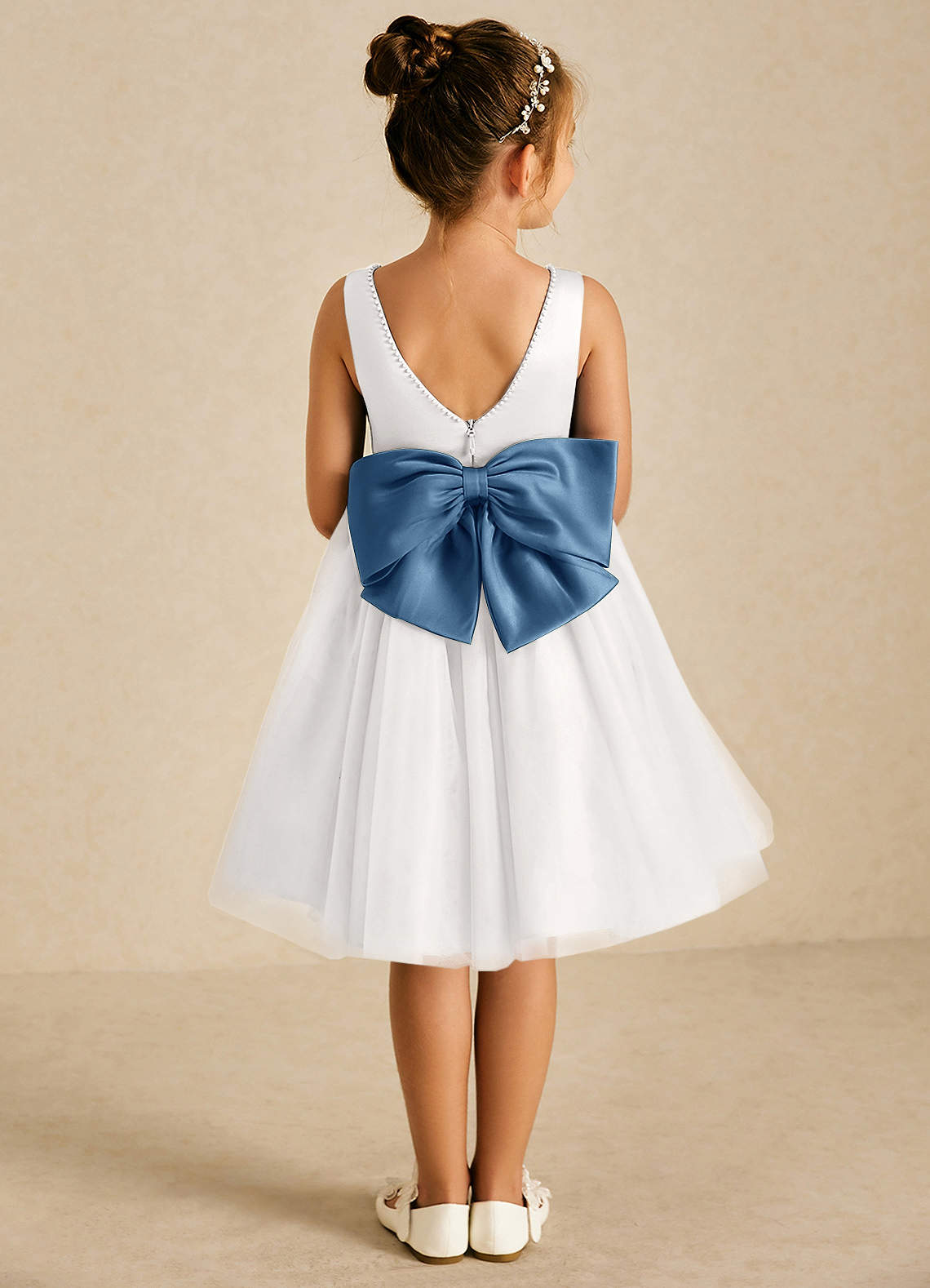 Azazie Seline Flower Girl Dresses Ivory Twilight A-Line Bow Tulle Dress image1