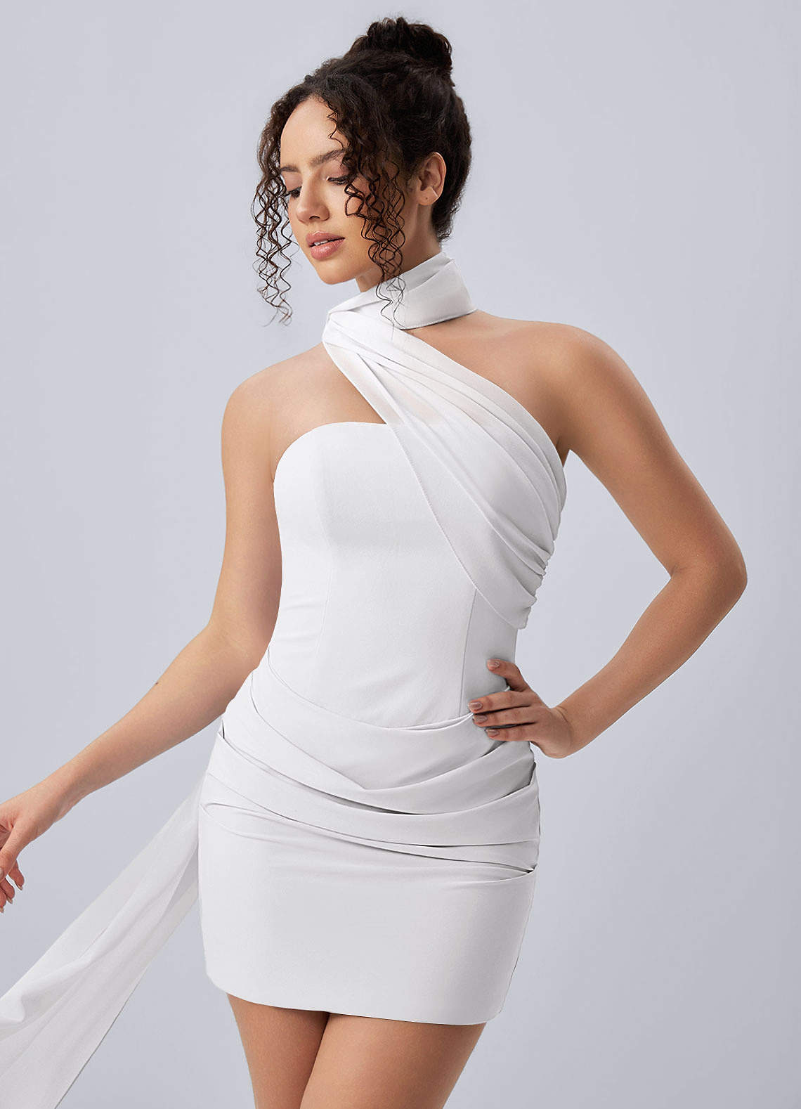 Henriette White Asymmetric Halter Draped Open Back Mini Dress Prom and Homecoming Dresses