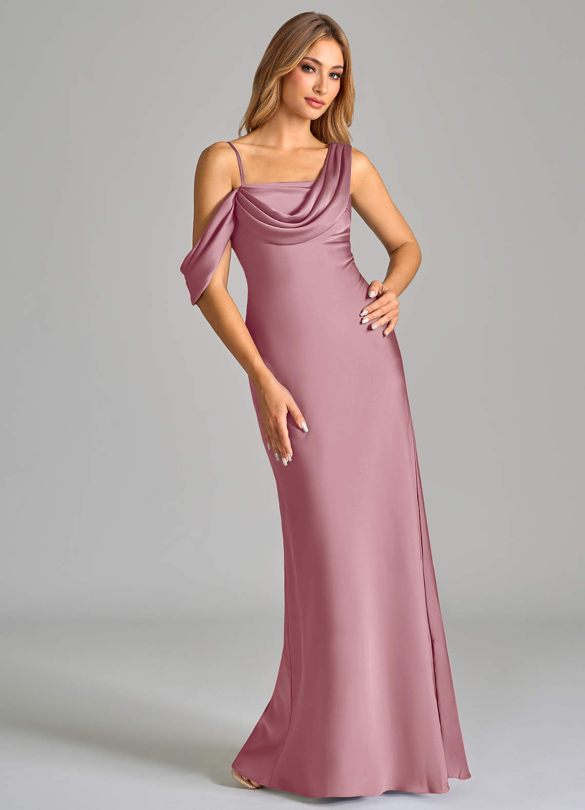 Azazie Celina Bridesmaid Dresses Vintage Mauve Sheath Off the Shoulder Stretch Satin Dress image1