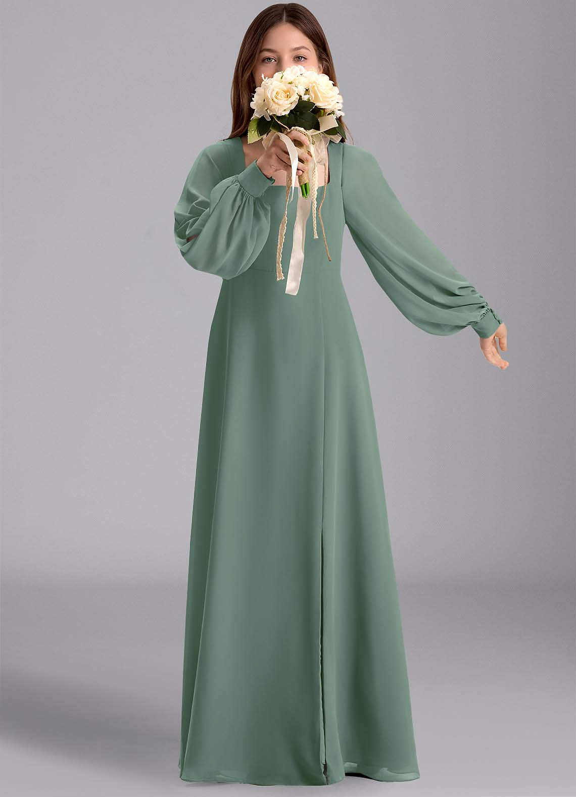 Azazie Bondi Junior Jurk van Chiffon met A-Lijn Blouson Eucalyptus image1