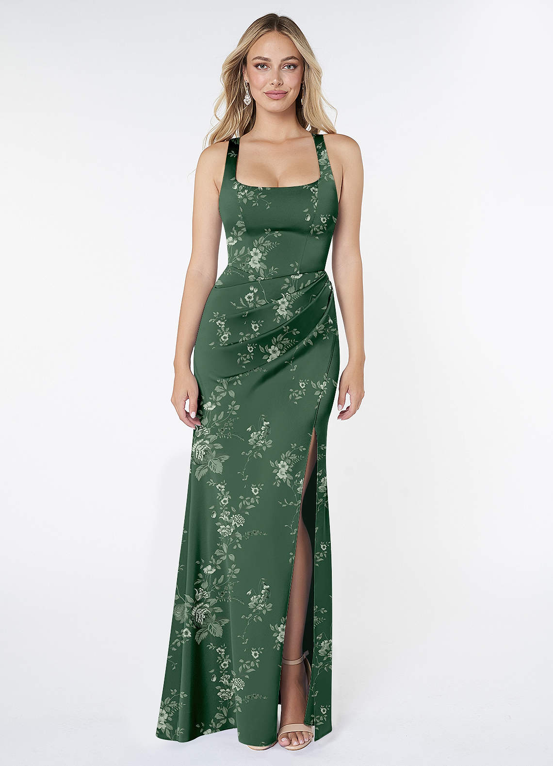 Azazie Mero Bridesmaid Dresses Eucalyptus Garden Floral Sheath Pleated Stretch Satin Dress image1
