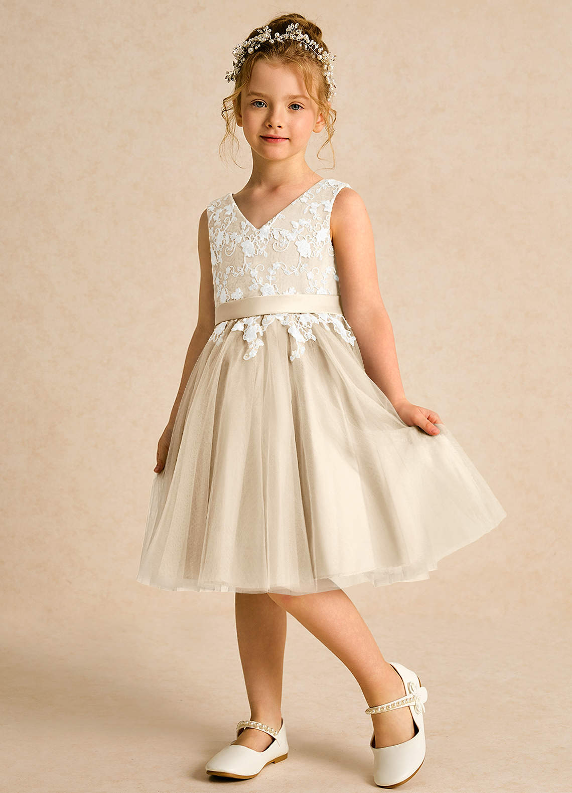 Azazie Butterfly Flower Girl Dresses Champagne A-Line Lace Dress image3