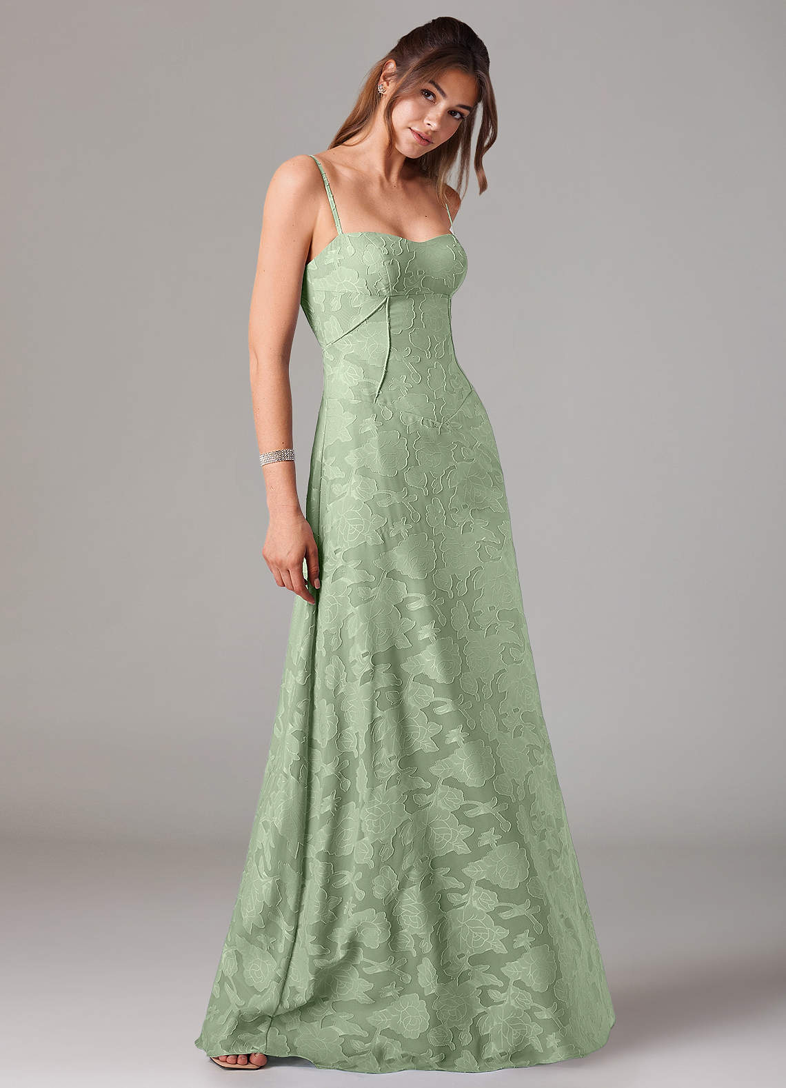 Azazie Valentine Vestidos de madrinha de casamento Vestido Dusty Sage de Esgotamento Floral de Linha A com Decote Coração image3
