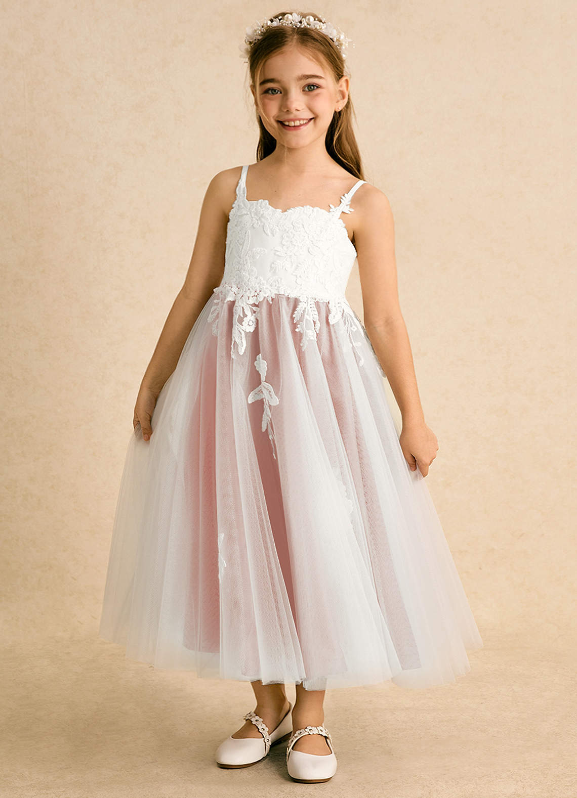 Azazie Coraline Flower Girl Dresses Ivory Rosette A-Line Lace Dress image1