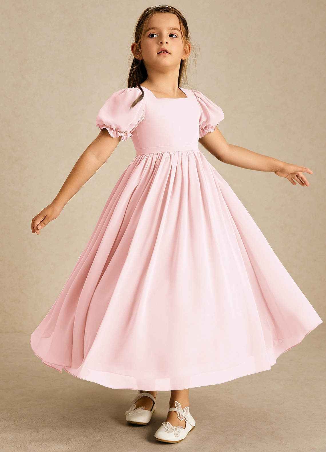 Azazie Joss Flower Girl Dresses Blushing Pink A-Line with Sleeves Chiffon Dress image2