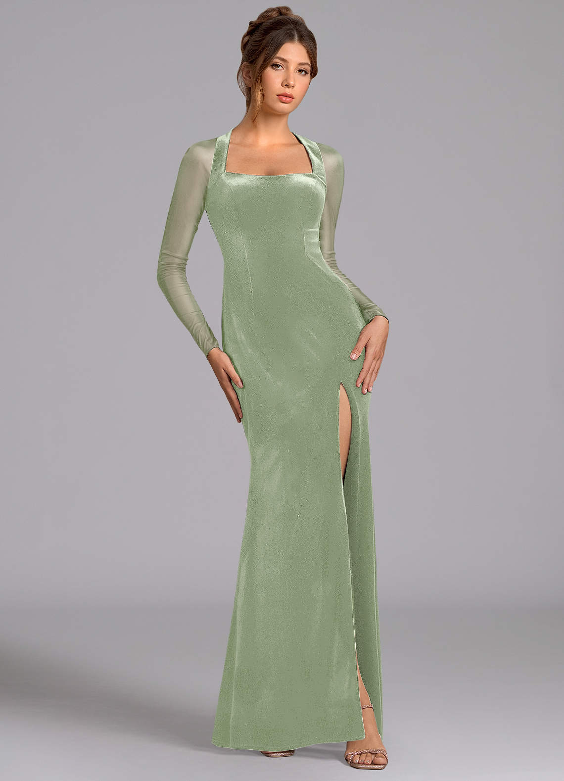 Azazie Megan Bridesmaid Dresses Dusty Sage Mermaid Long Sleeve Mesh Dress image1