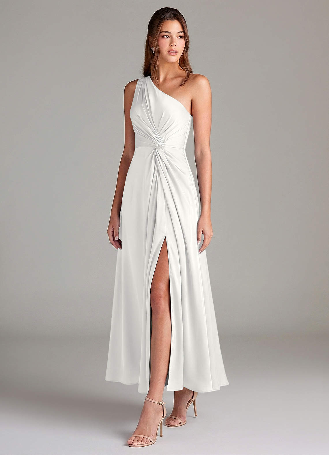 Azazie Brooke Bridesmaid Dresses White A-Line One Shoulder Stretch Satin Dress image2