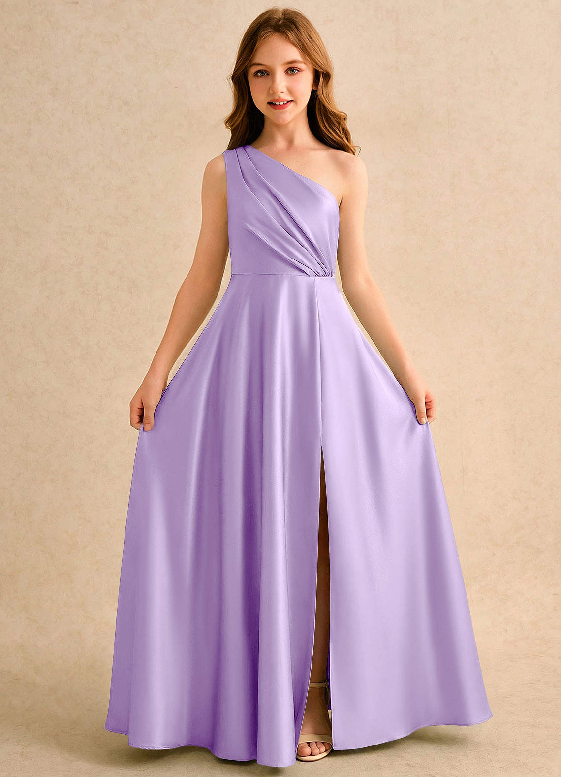 Azazie Puddles Girls Formal Robe Demoiselle D'honneur Fillette Robe Trapèze en Satin extensible Une épaule Lilas image4