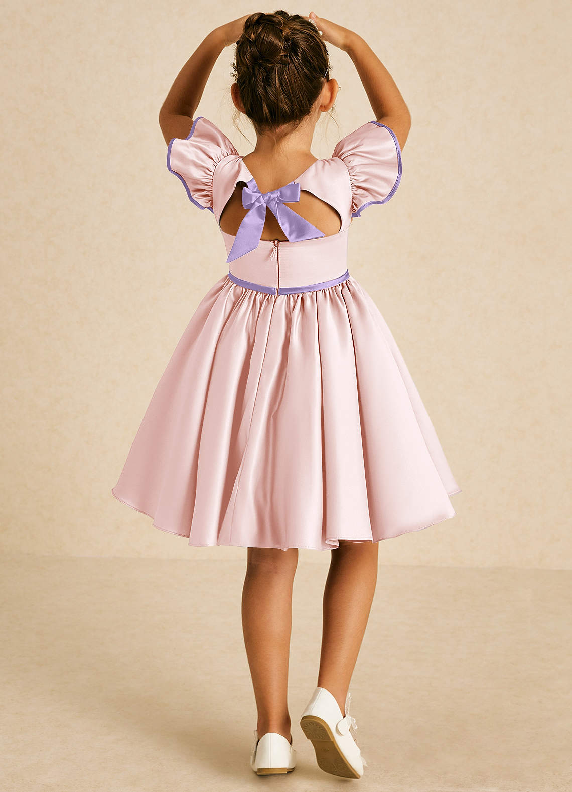 Azazie Sugar Plum Flower Girl Dresses Blushing Pink Lilac A-Line Bow Matte Satin Dress image1