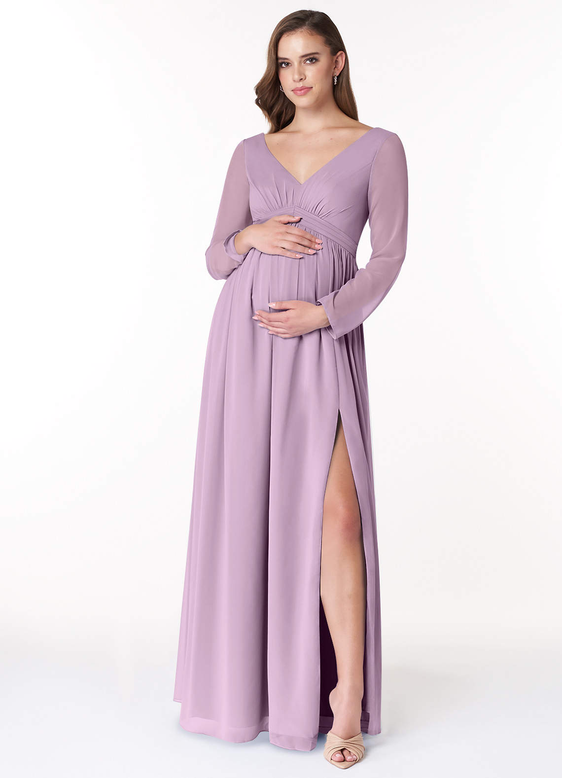 Azazie Teton Robes de demoiselle d'honneur de maternité Robe Trapèze Manche longue Longueur ras du sol Mousseline de soie image1