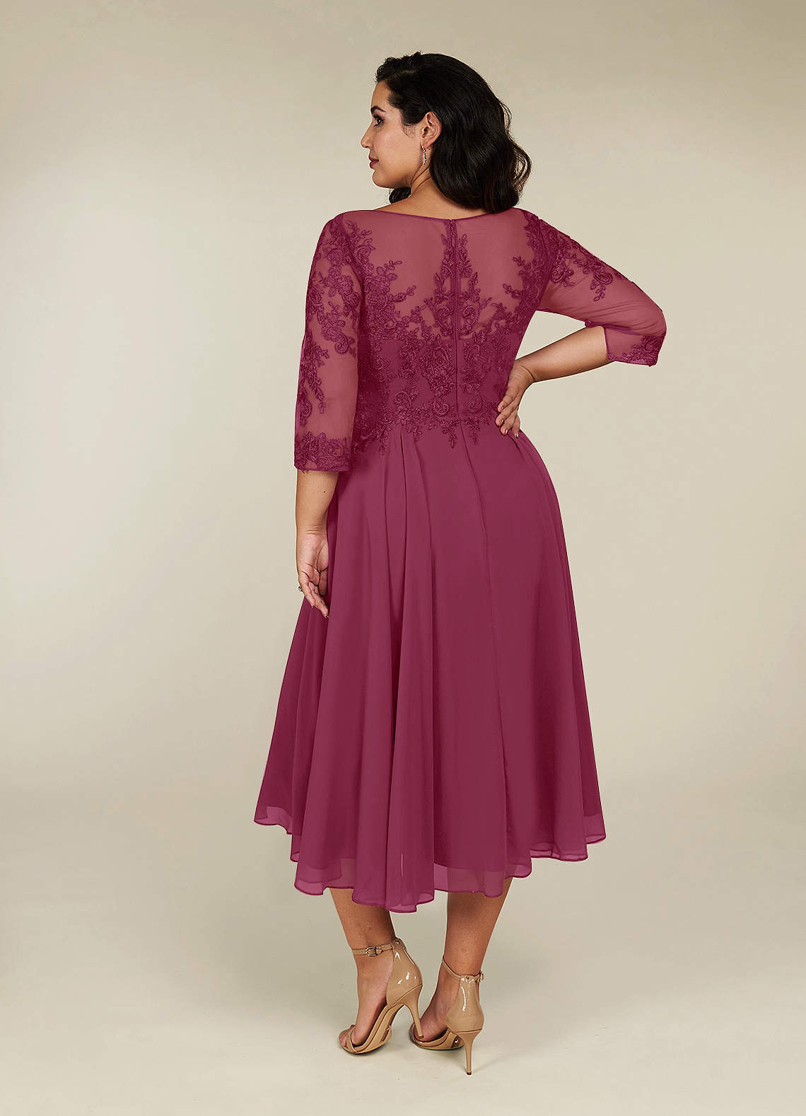 A-Line Lace Applique Chiffon Tea-Length Dress Rust main image 1