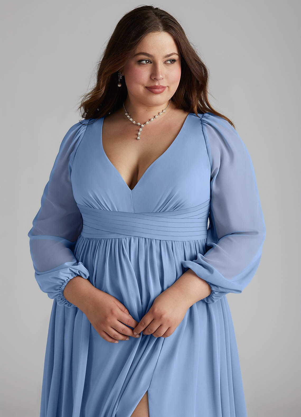 Azazie Norah Bridesmaid Dresses Steel Blue A-Line V-Neck Long Sleeve Chiffon Dress image9