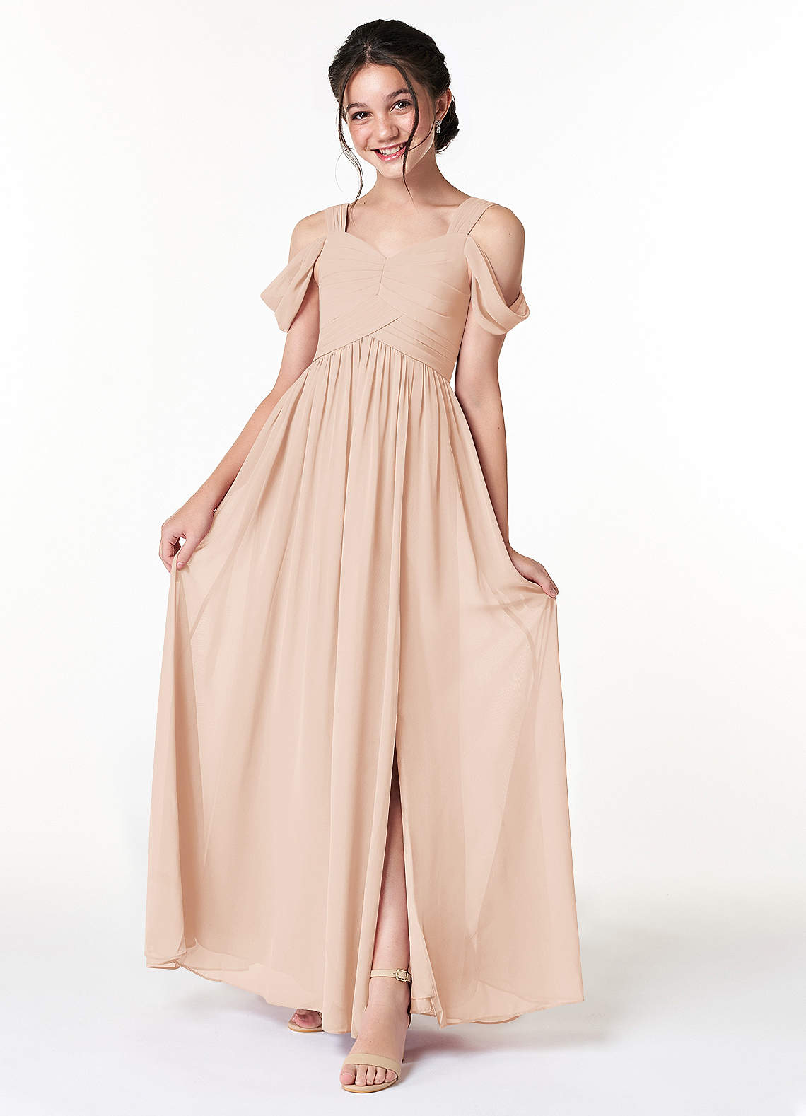 Azazie Lianne Junior Abito A-Line in Chiffon a Spalla Scoperta Rosa Inglese image1
