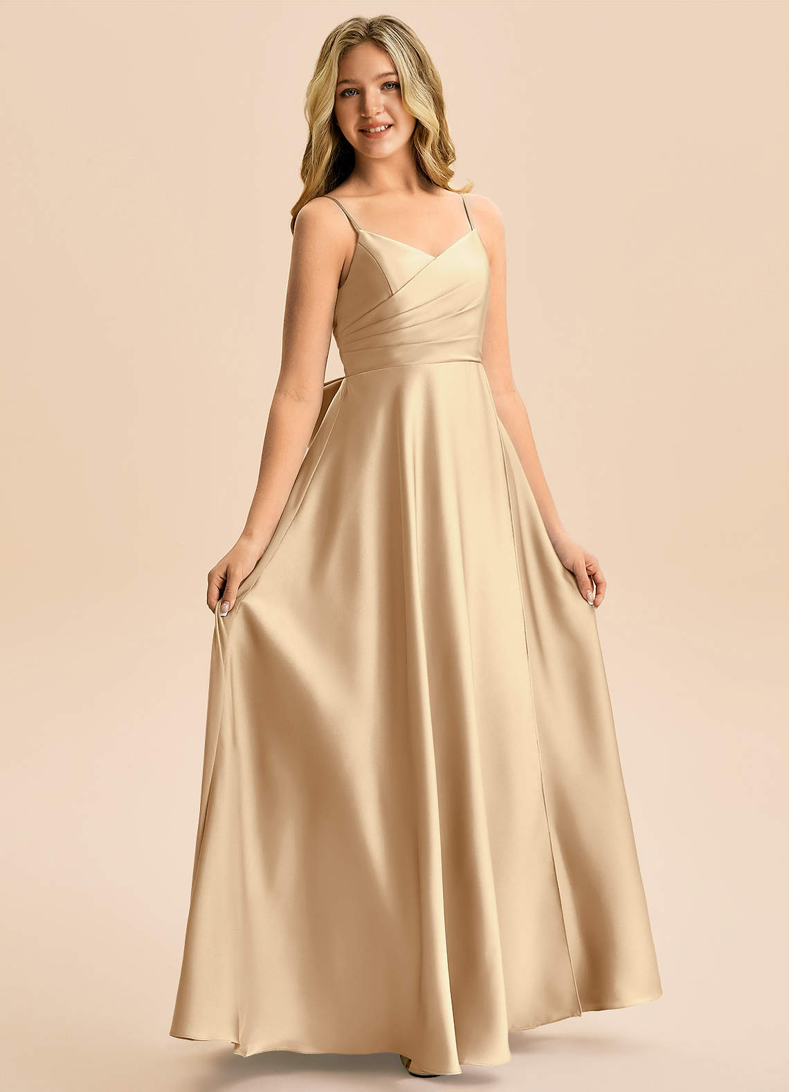 Azazie Rumi Junior Klä av A-Line i Stretch Satin Plisserad image4