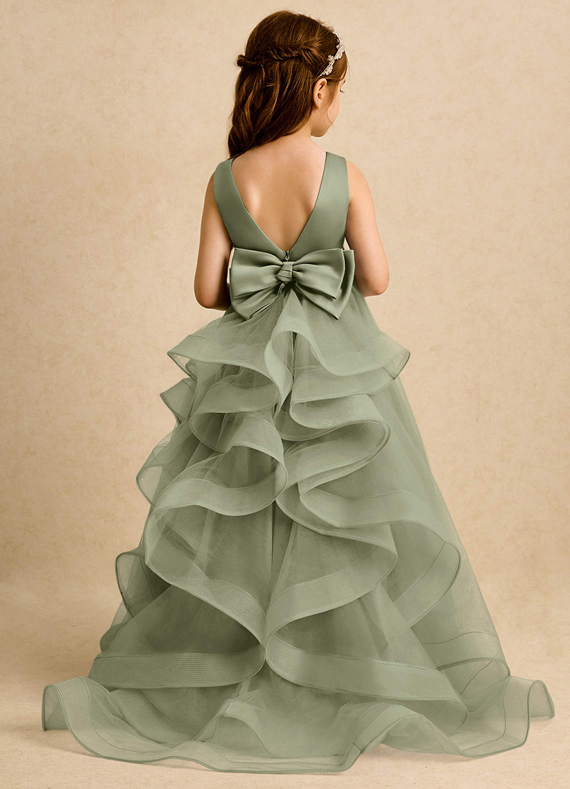 Azazie Lior Robe Demoiselle D'honneur Fillette Robe Princesse en Tulle Plissée Pistache image1