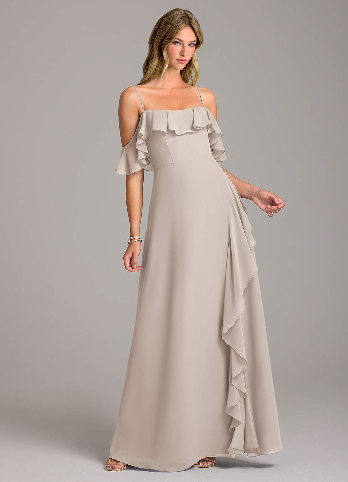 Azazie Aubrie Bridesmaid Dresses Frost A-Line Off the Shoulder Chiffon Dress image1