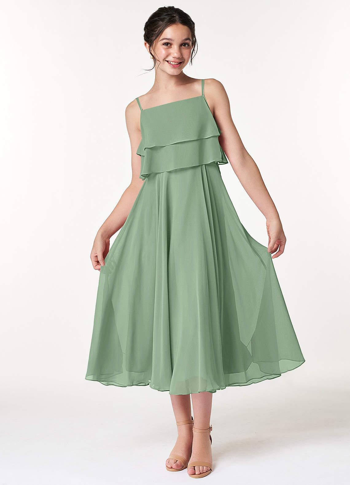Azazie Ensley Junior Vestido de Matcha de Gasa de Corte En A con Plisado image1