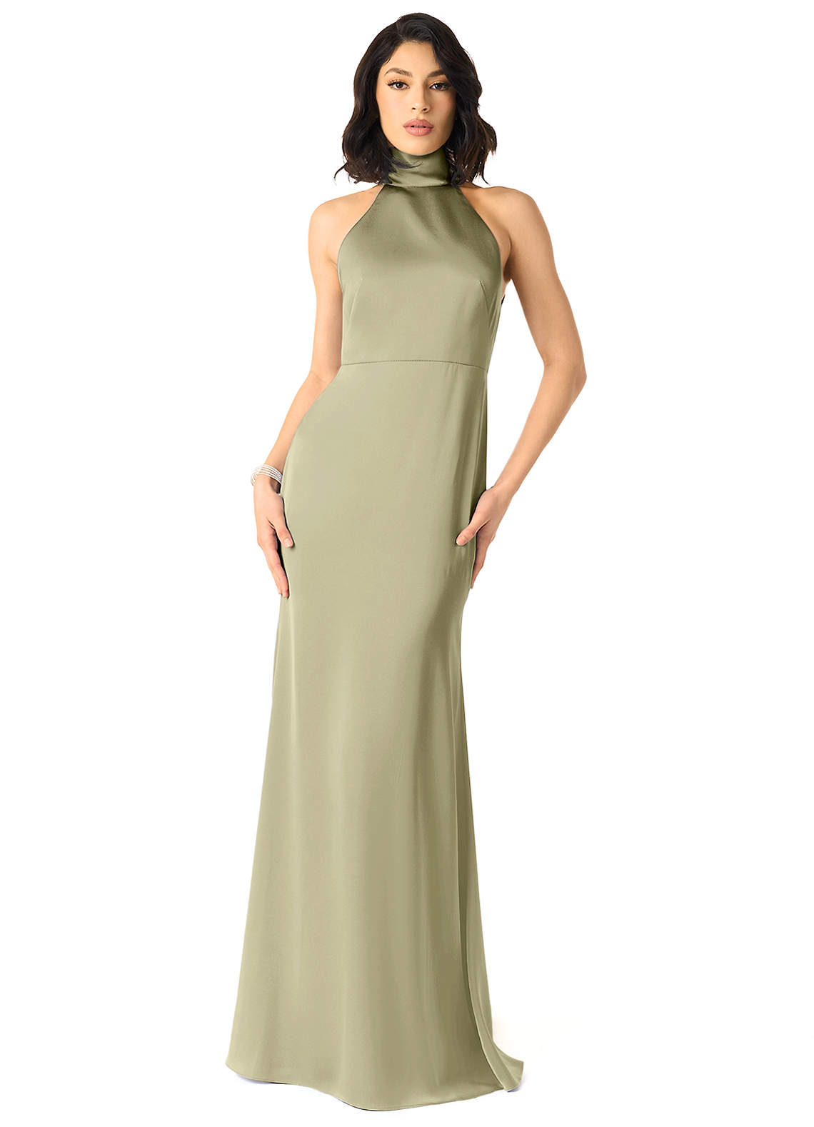 Azazie x Delaney At-home Try On Dresses Agave Sheath High Neck Stretch Satin Dress image1
