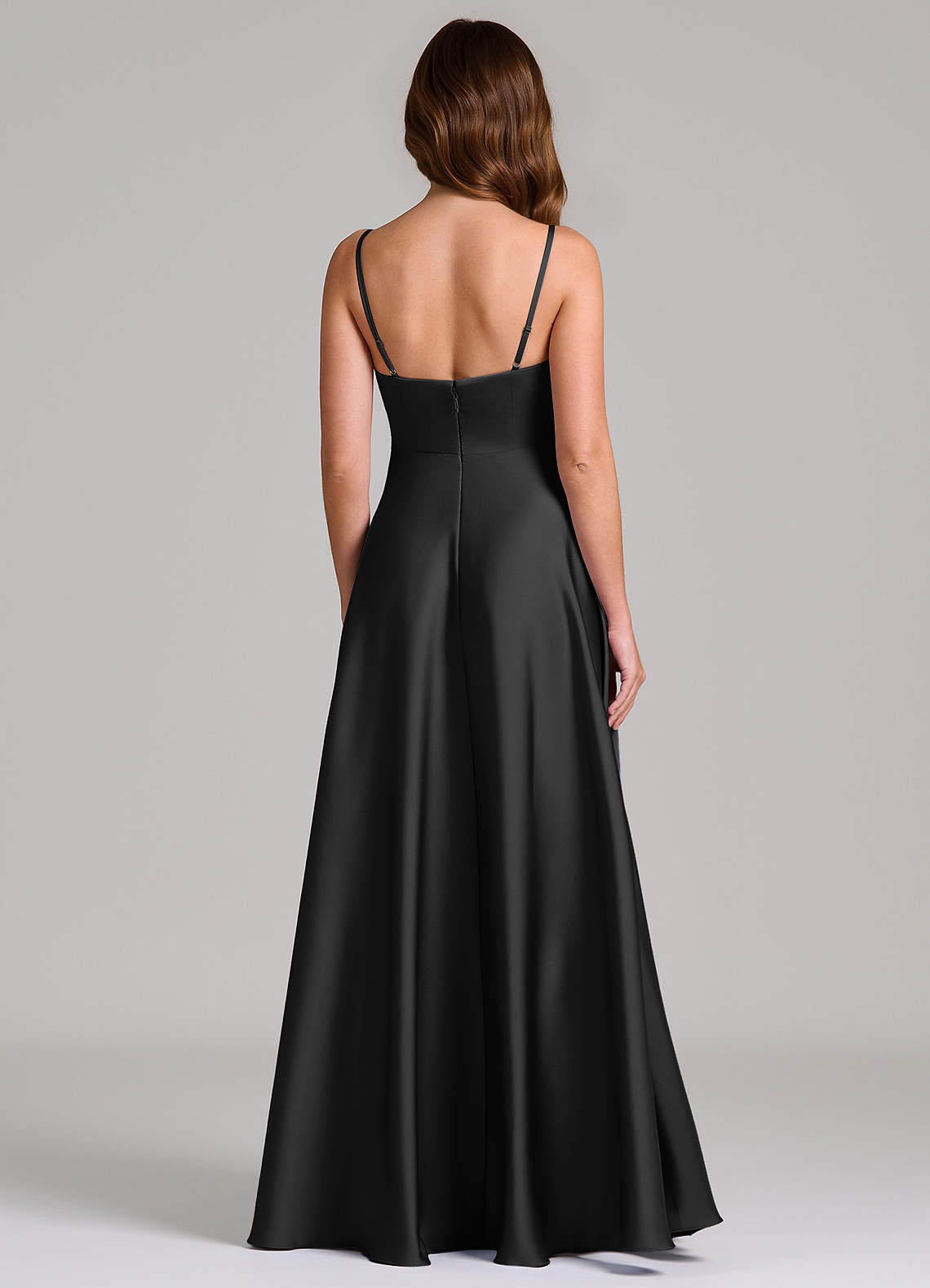 azazie black satin bridesmaid dresses Amani shoulder neckline with a