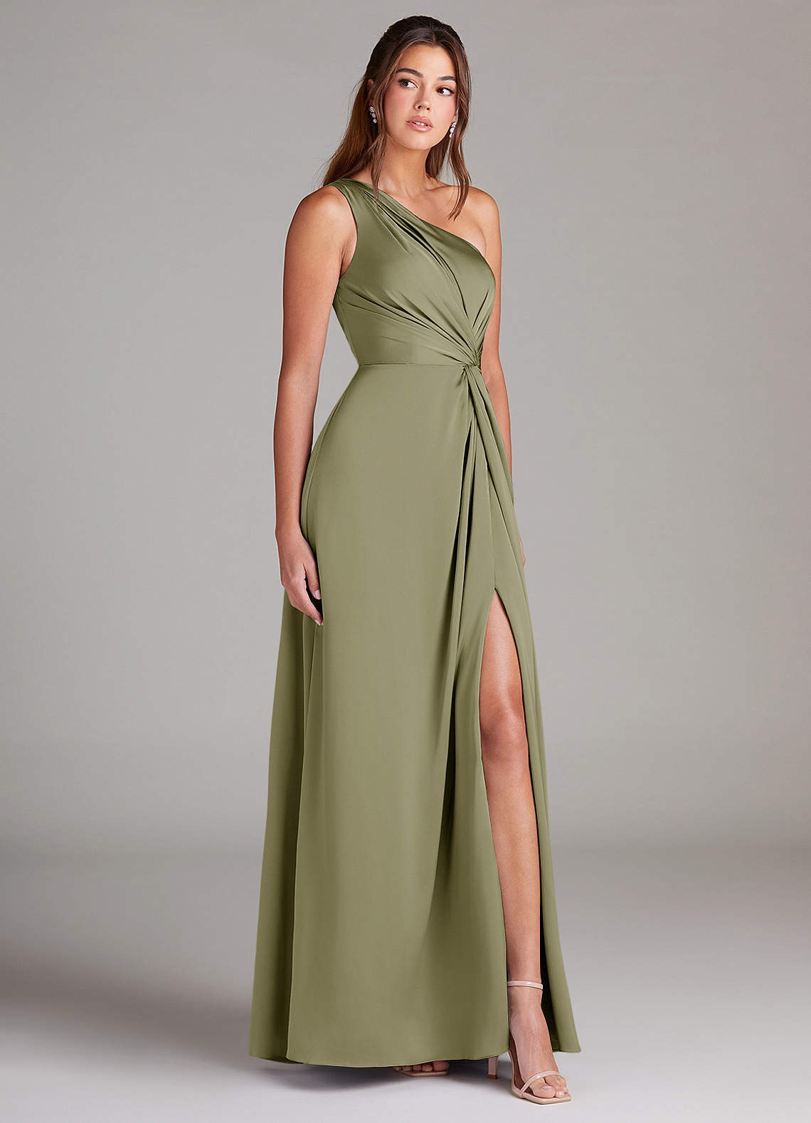 Azazie Brooke Bridesmaid Dresses Pistachio A-Line One Shoulder Stretch Satin Dress image3