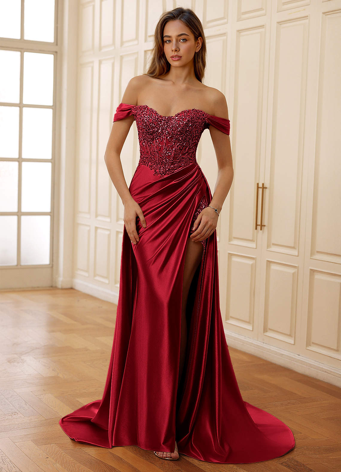 Rowane Red Corset Rhinestone Sheer Lace Prom Dress | Azazie