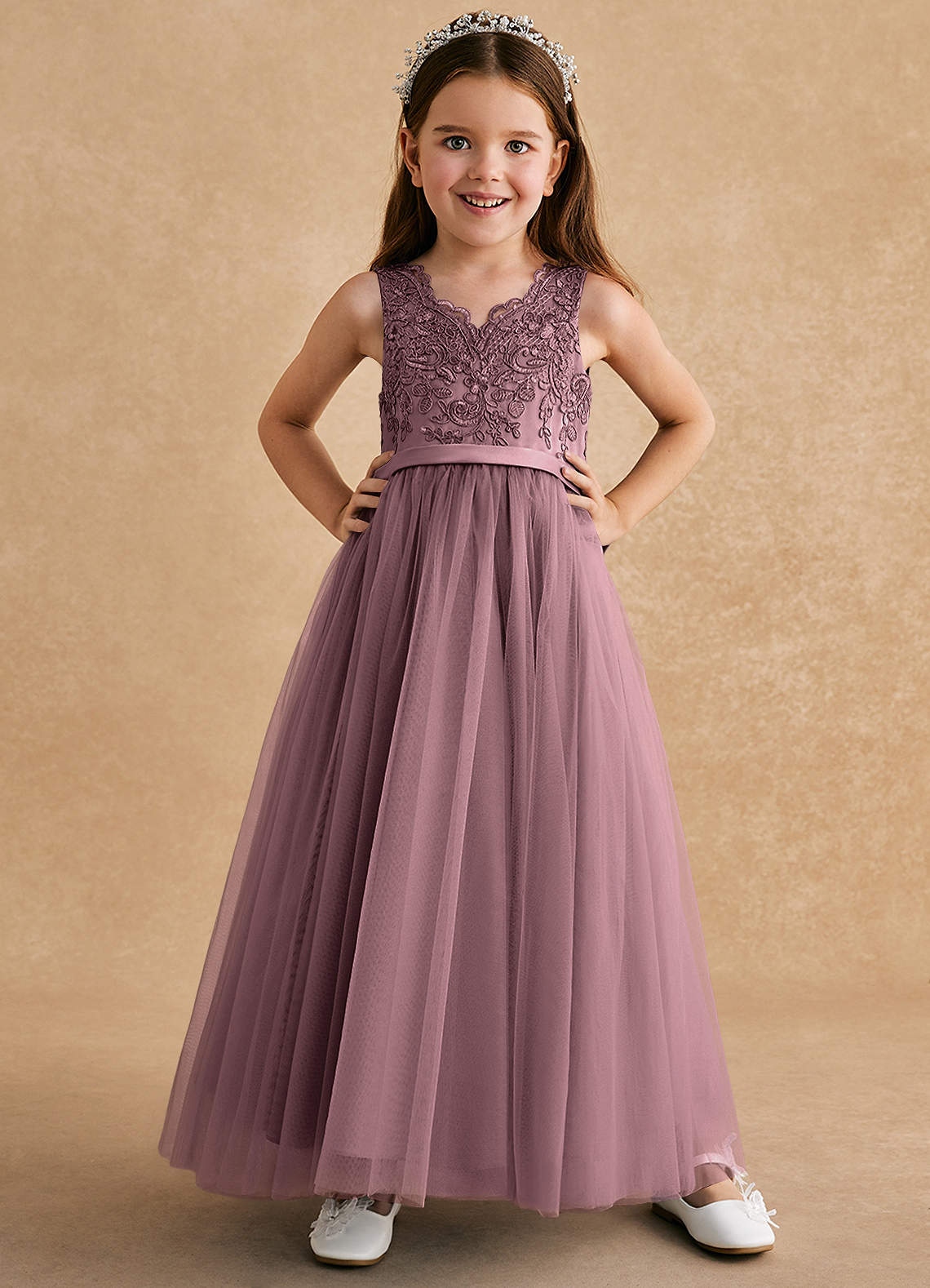 Azazie Cinna Flower Girl Dresses Vintage Mauve A-Line Lace Tulle Dress image1