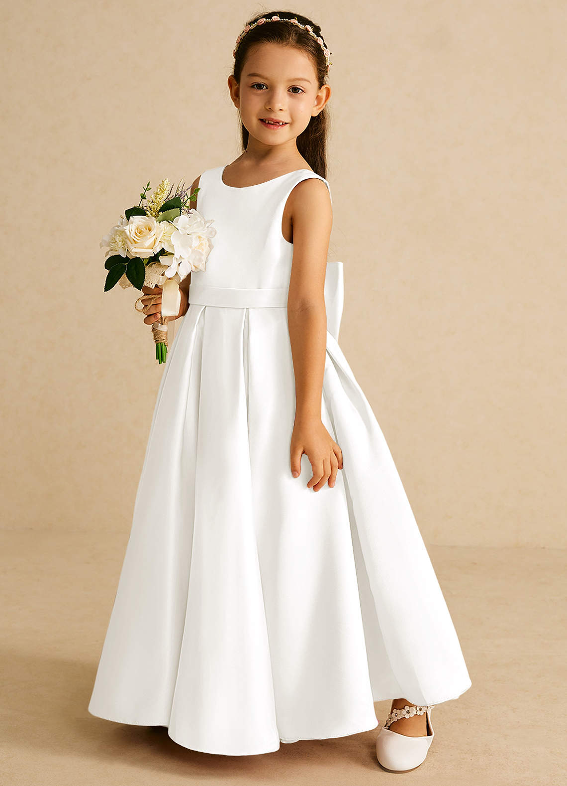 Azazie Pipsy Flower Girl Dresses Ivory A-Line Bow Matte Satin Dress image1