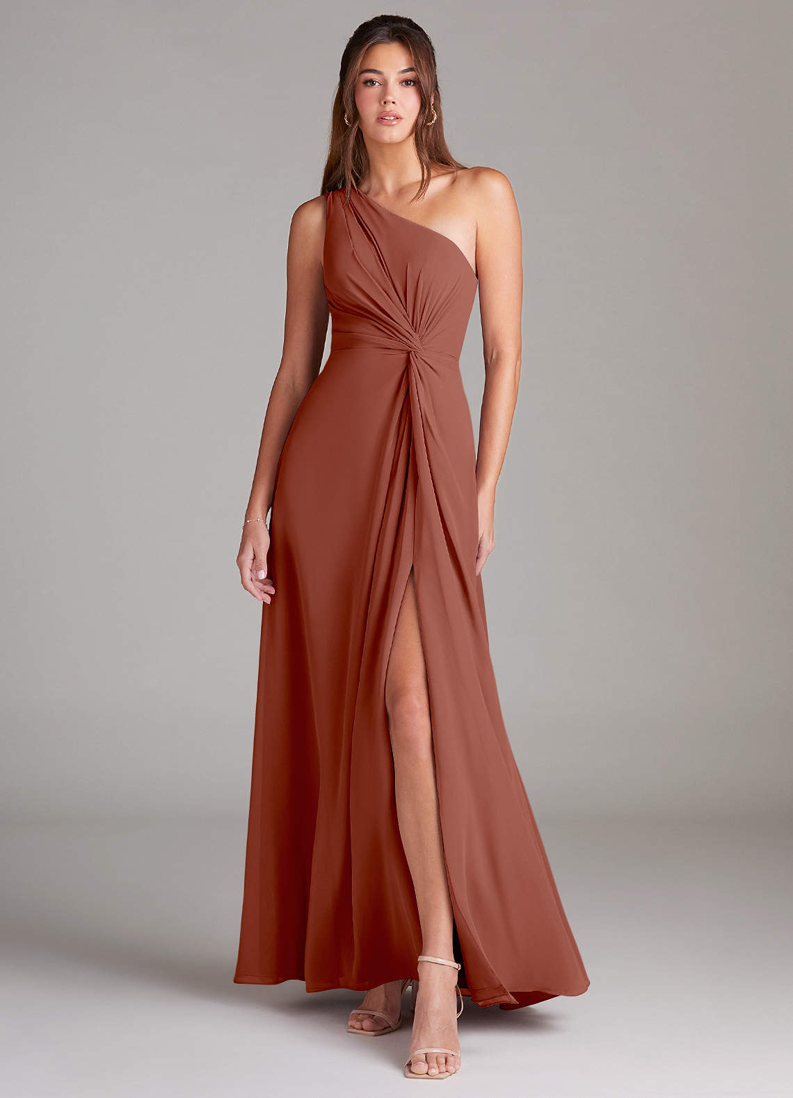 Azazie Brooke Bridesmaid Dresses Auburn A-Line One Shoulder Chiffon Dress image1