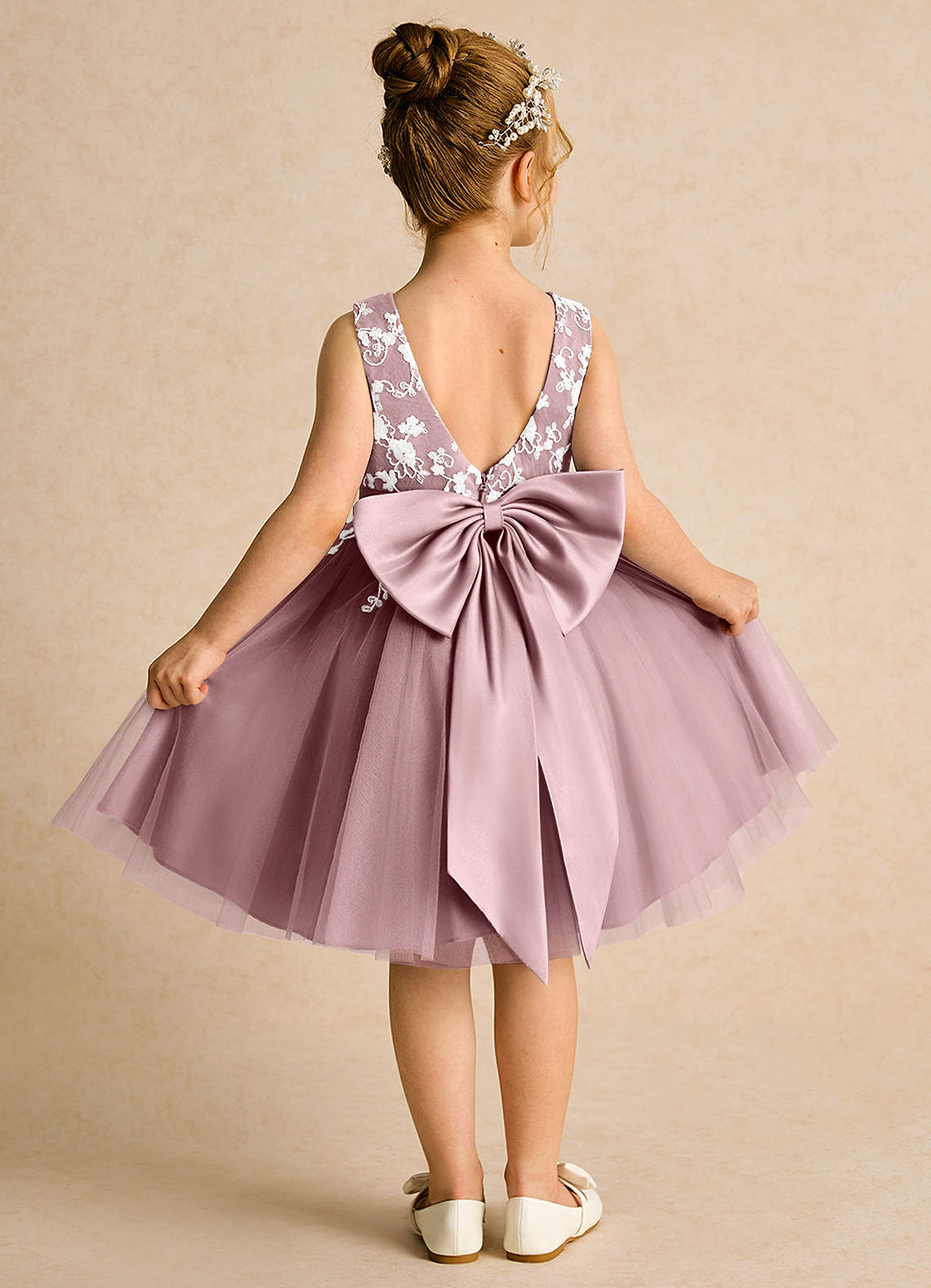 Azazie Butterfly Flower Girl Dresses Dusty Rose A-Line Lace Dress image1