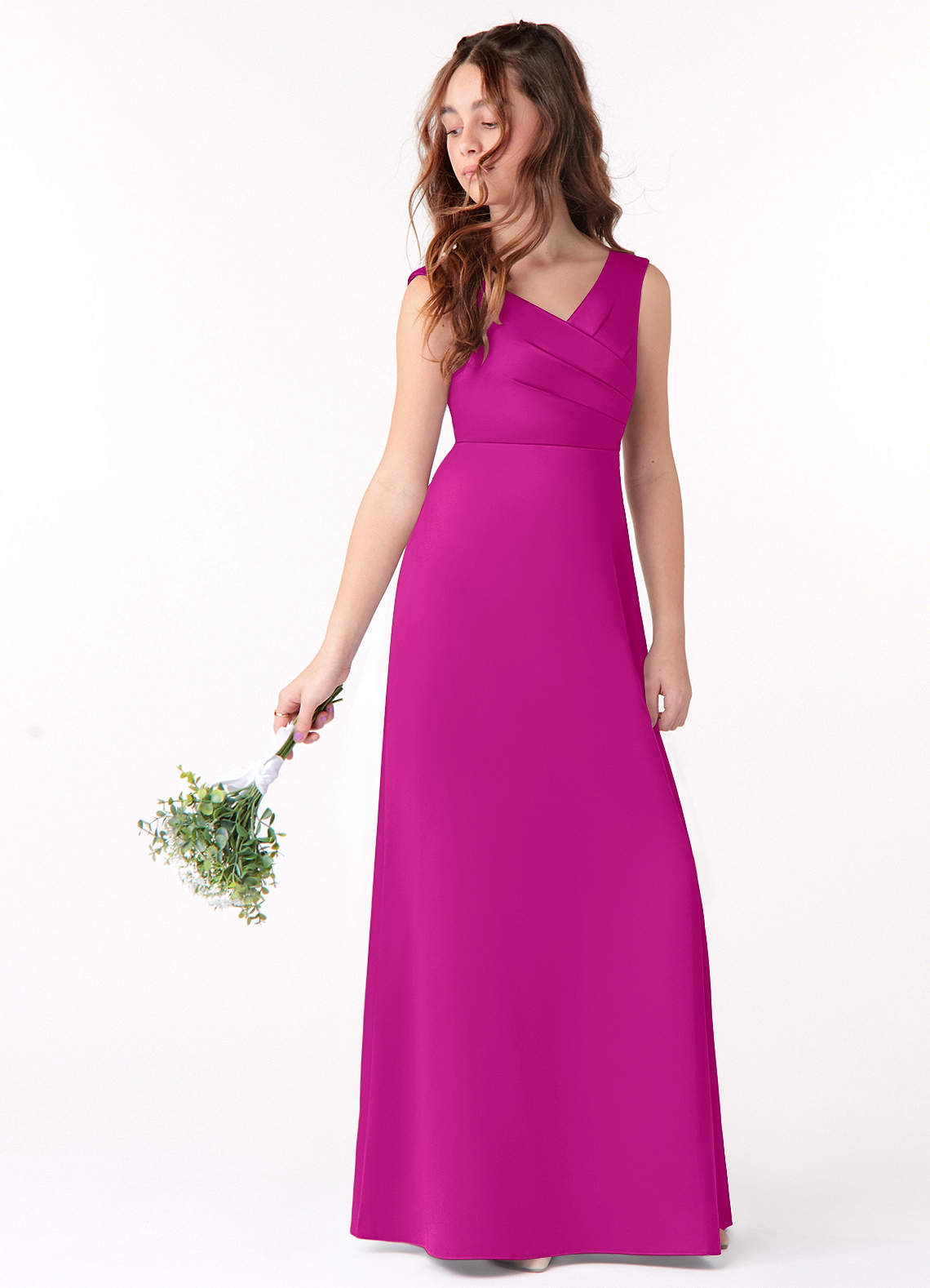 Azazie Sadia Junior Fuchsia A-Line Pleated Matte Satin Dress image1