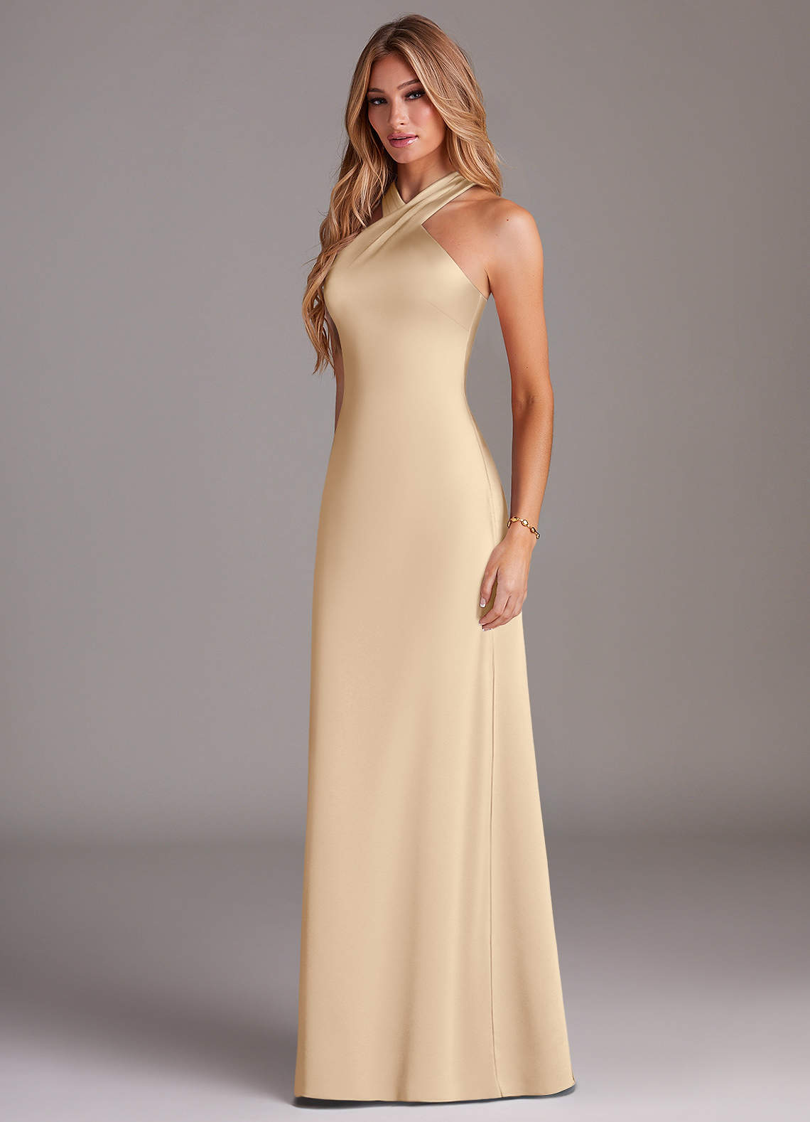 Azazie Doretta Bridesmaid Dresses Champagne Mermaid Pleated Stretch Satin Dress image3