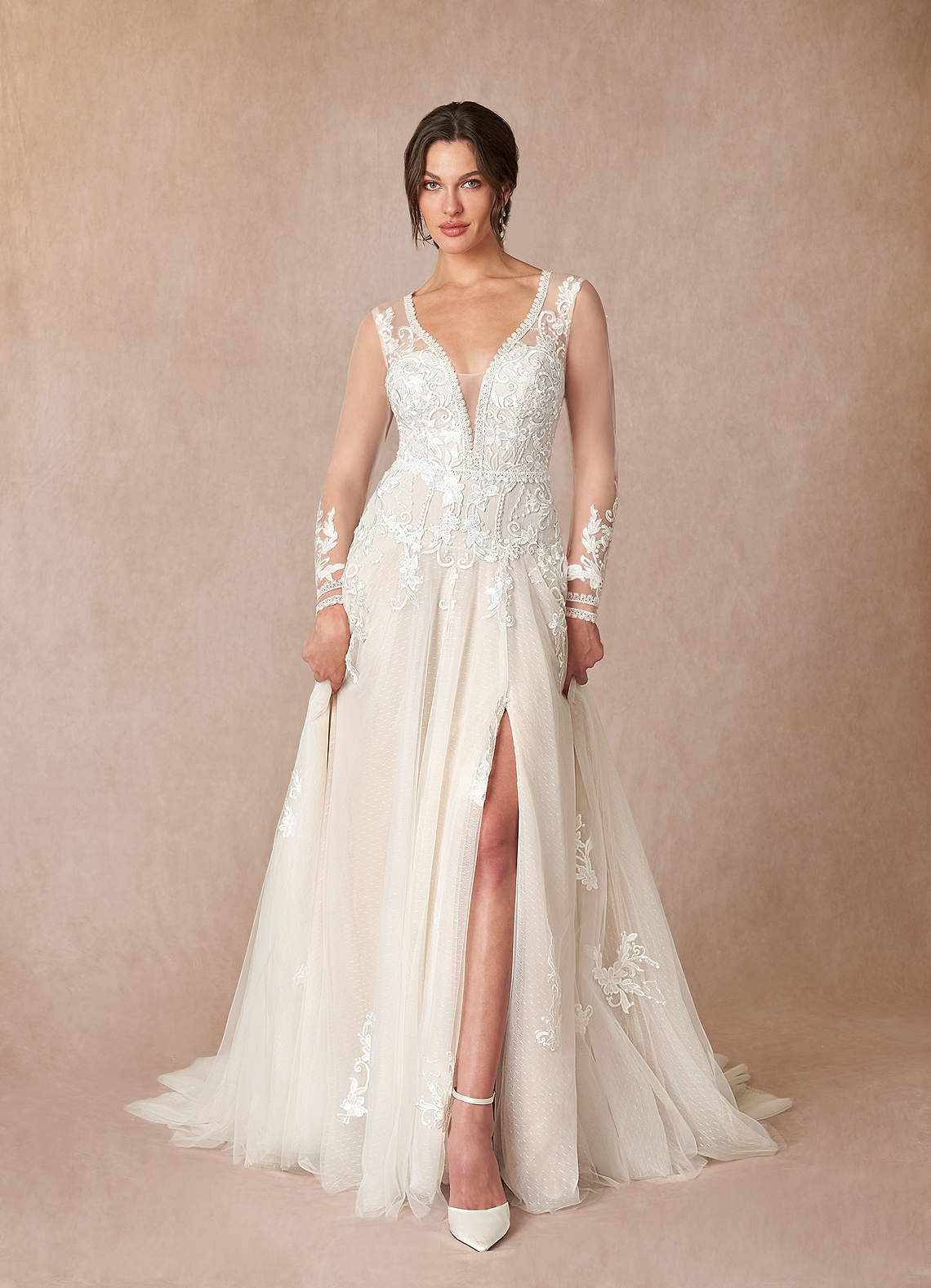 Azazie Ariya Wedding Dresses Diamond White Champagne A-Line Lace Tulle Dress image1