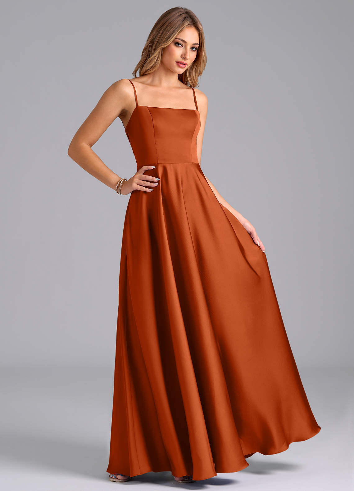 burnt orange spaghetti strap dress Satin Spaghetti Straps Corset Long Bridesmaid Dress with Side Slit