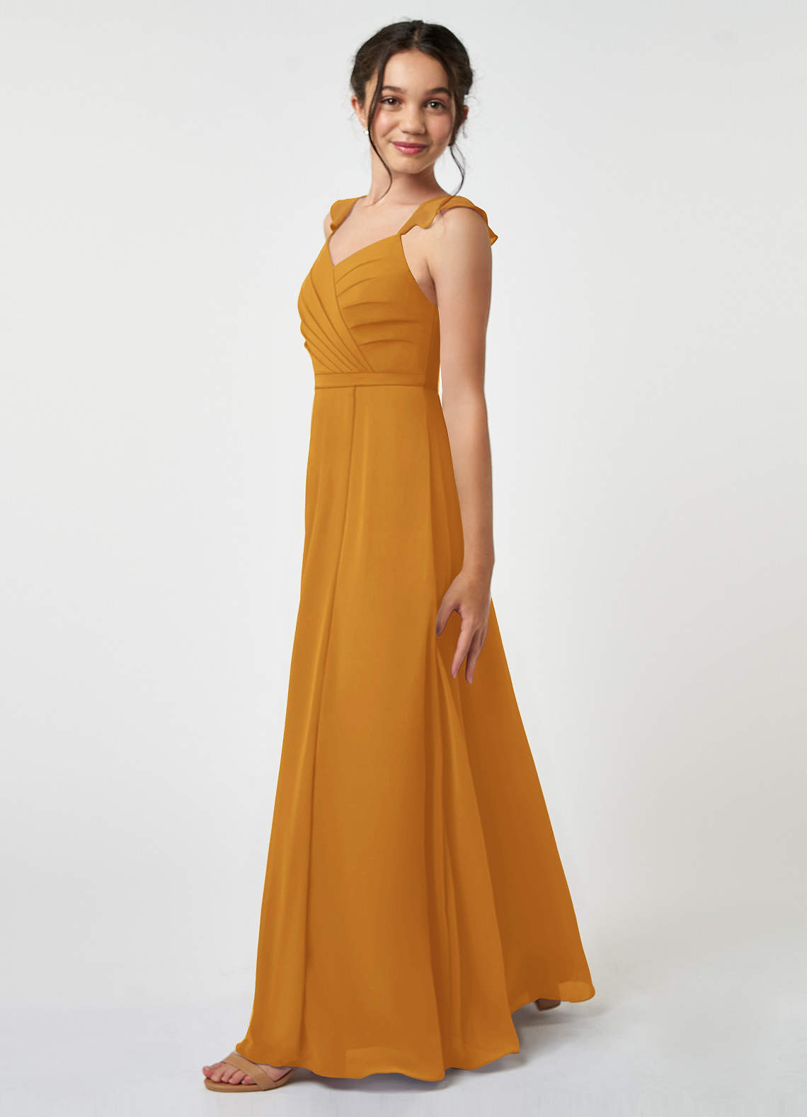 Azazie Emily Junior Robe Trapèze en Mousseline de soie Rayé Caramel écossais image2