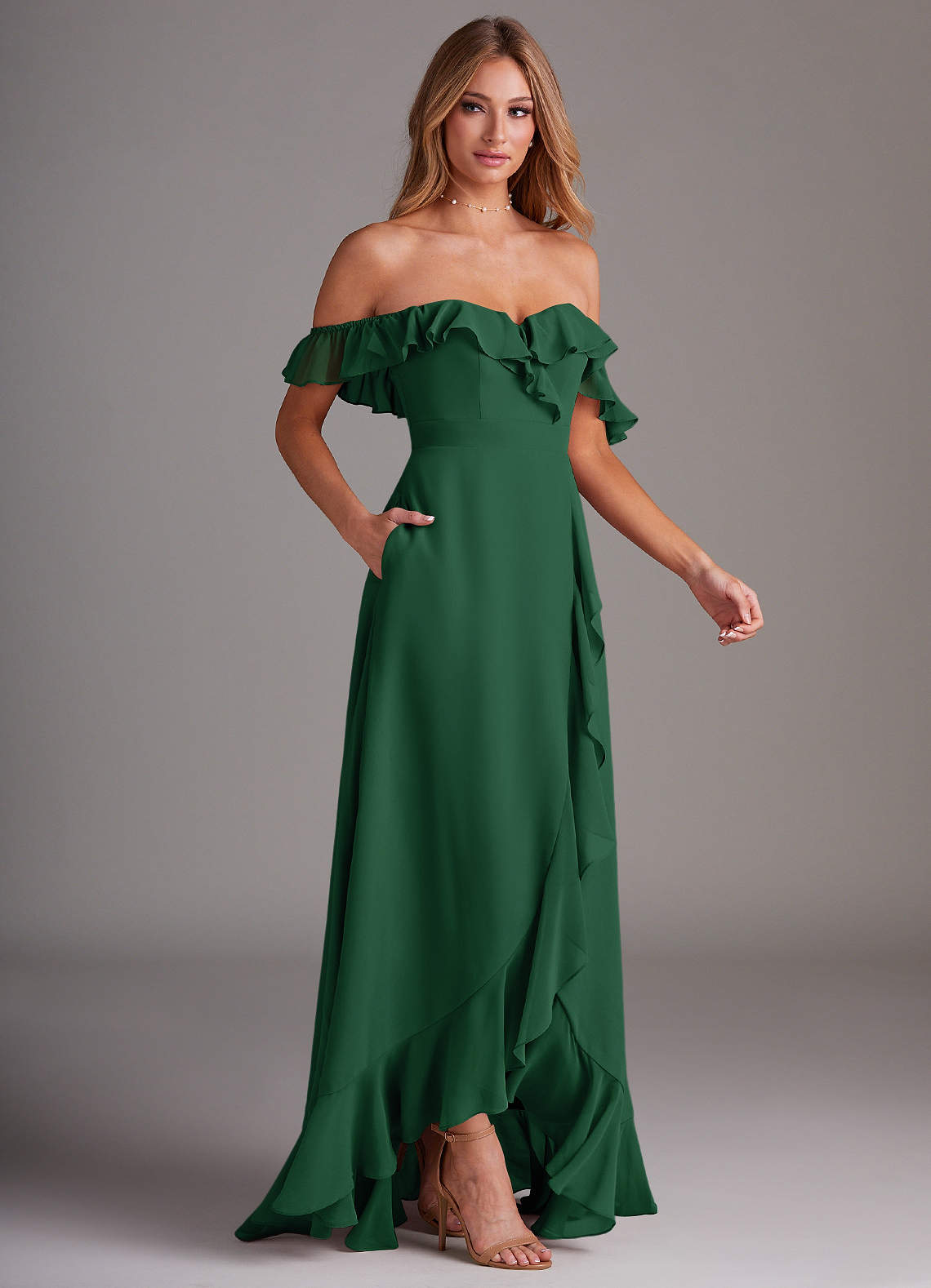 Azazie A-Line Off The Shoulder Floor-Length Chiffon Bridesmaid Dresses - Dark Green