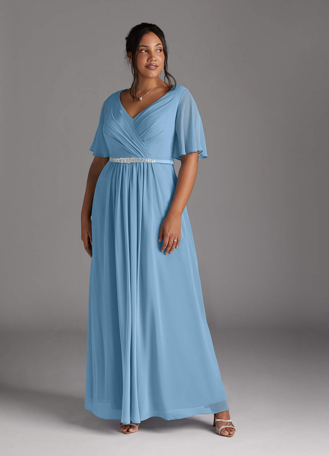 Azazie Tricia Mother of the Bride Dresses Steel Blue A-Line V-Neck Pleated Chiffon Dress image1