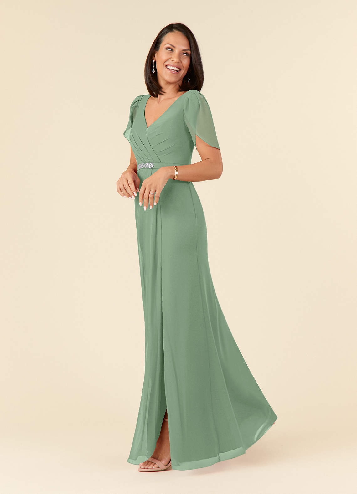 Azazie Marianne Mother of the Bride Dresses Matcha Sheath V-Neck Pleated Chiffon Dress image2