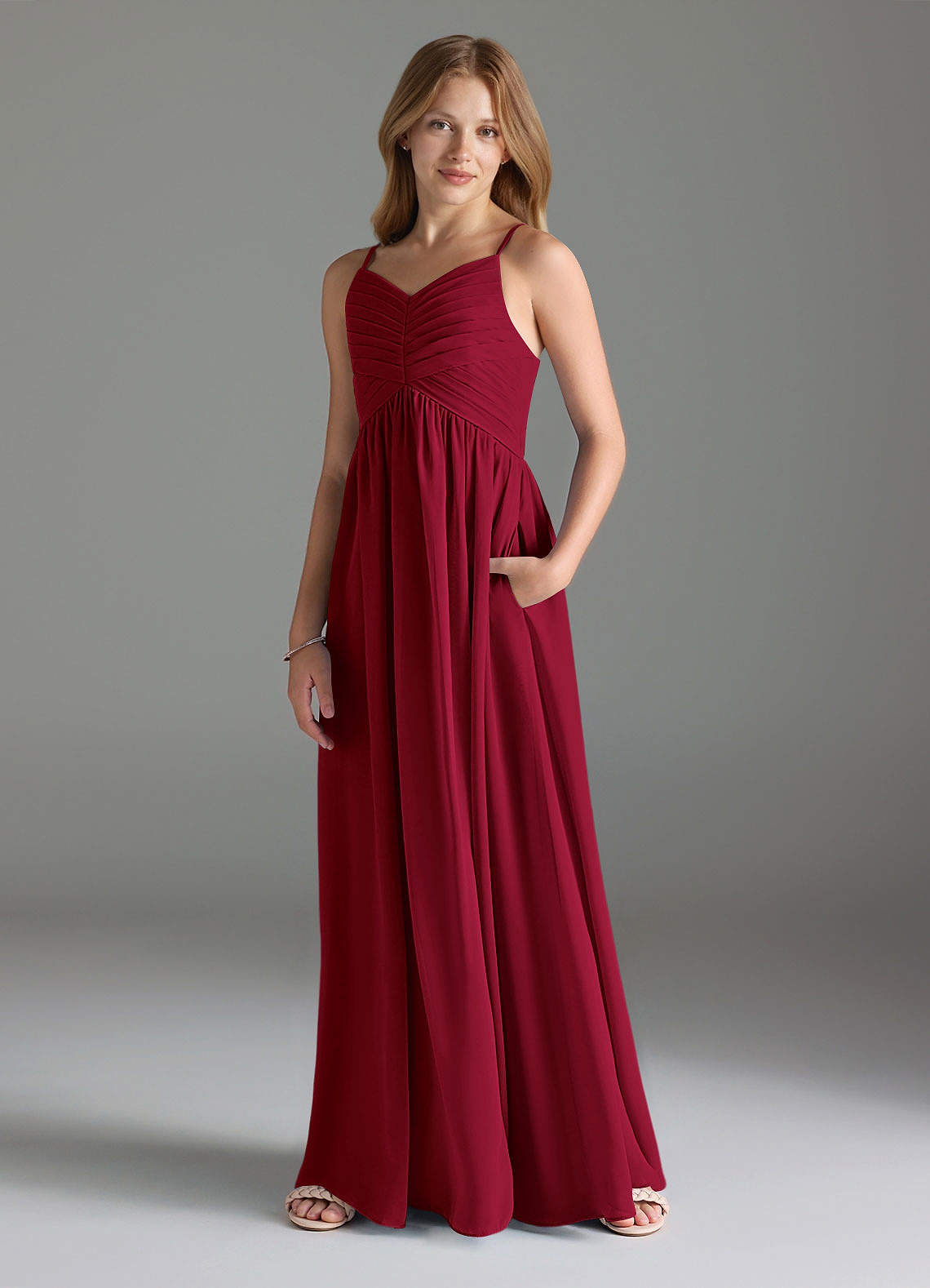 Azazie Alia Junior Burgundy A-Line Pleated Chiffon Dress image1