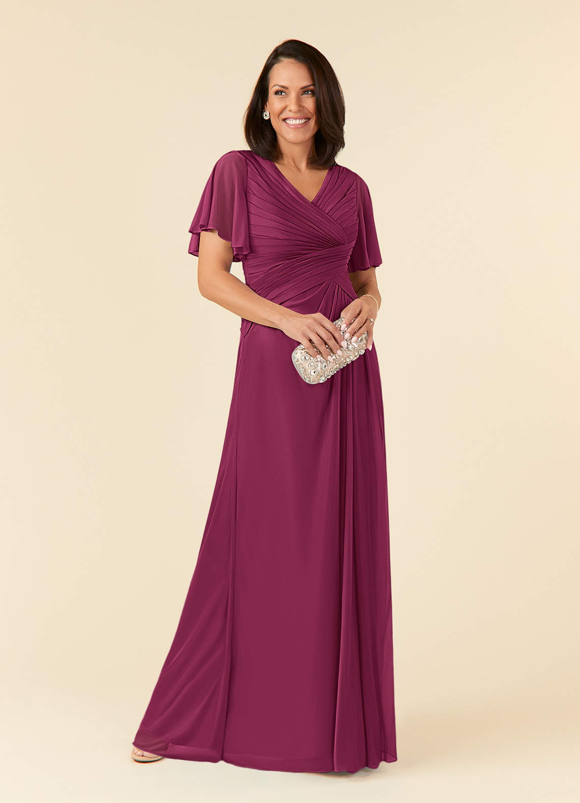 Azazie Emmeline Mother of the Bride Dresses Mulberry A-Line V-Neck Pleated Mesh Dress image1