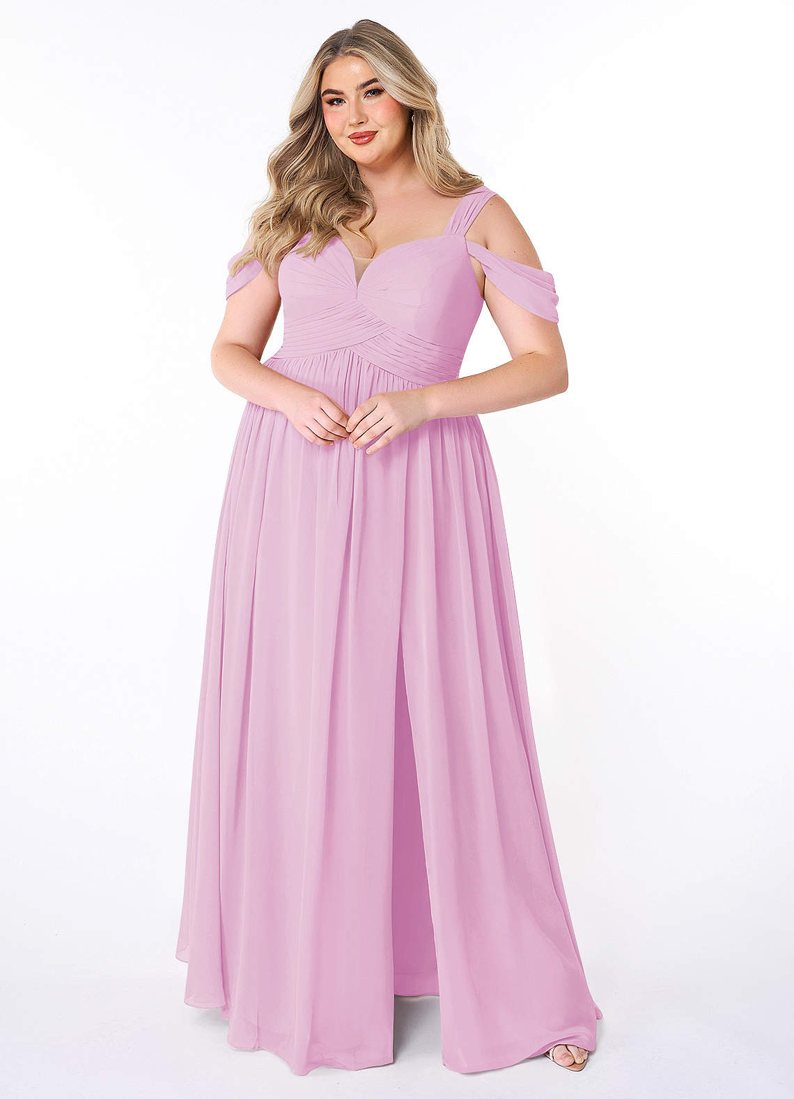 Azazie Lianne Bridesmaid Dresses Candy Pink A-Line Off the Shoulder Chiffon Dress image1