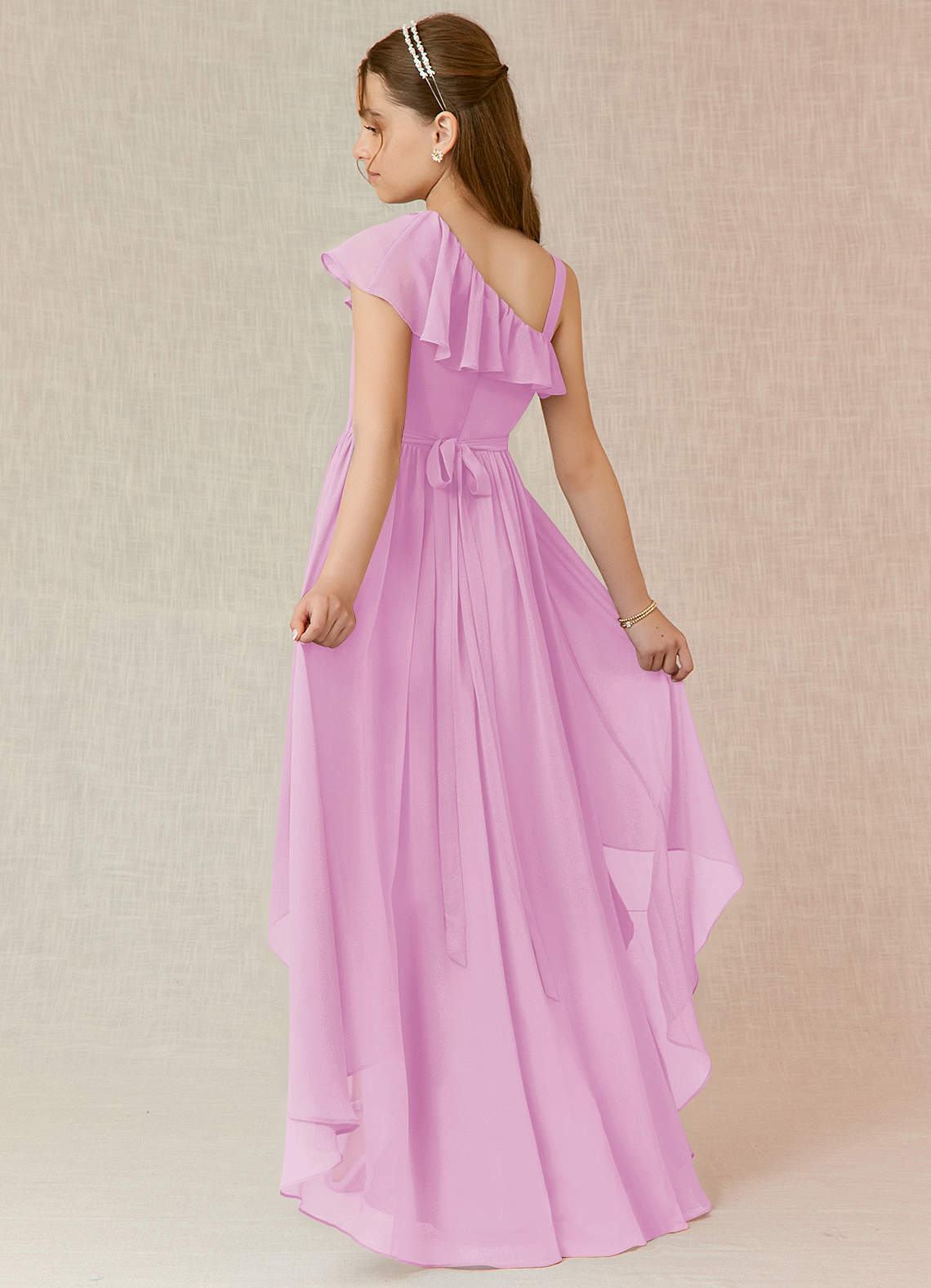 Azazie Mango Junior Abito A-Line in Chiffon Increspato Rosa Confetto image1