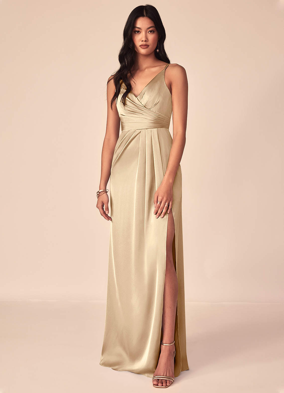 Azazie Aqua Bridesmaid Dresses Champagne A-Line V-Neck Pleated Stretch Satin Dress image1