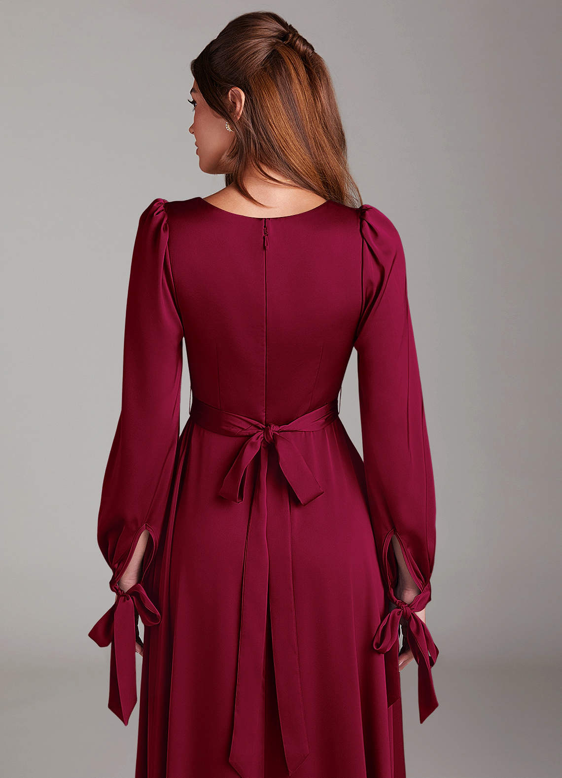 Azazie Leonia Bridesmaid Dresses Burgundy A-Line Long Sleeve Stretch Satin Dress image6