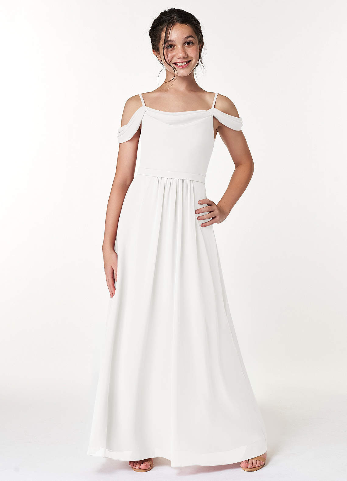 Azazie A-Line/Princess Off The Shoulder Floor-Length Chiffon Junior Bridesmaid Dresses - White
