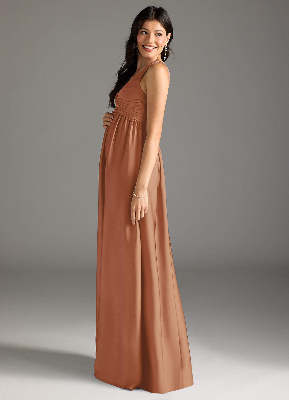 Azazie Yetta At-home Try On Dresses A-Line Pleated Stretch Satin Floor-Length Dress image3